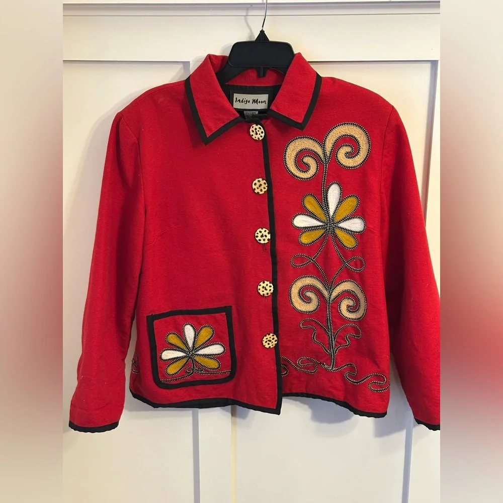 Vintage Indigo Moon Embroidered Red Floral Jacket - Picture 6 of 11